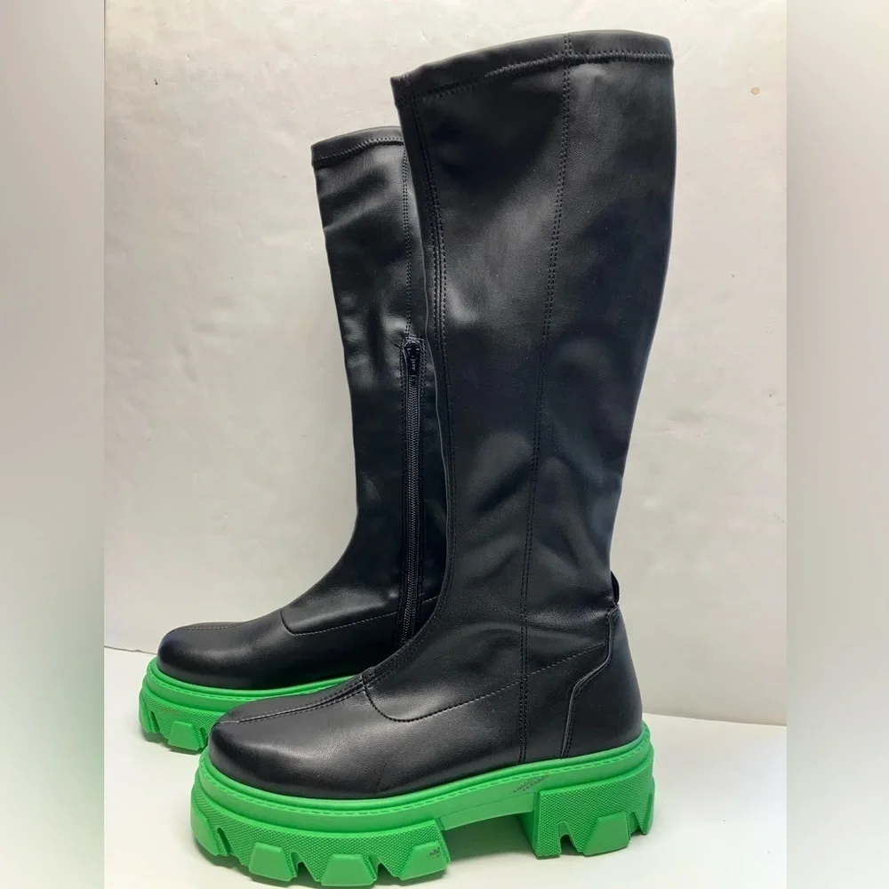Topshop Tate Women’s Knee High Chunky Platform Boots, Size 7, Black/Green